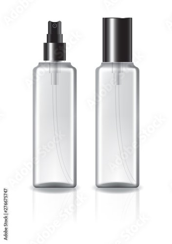 Clear square cosmetic bottle with black lid and spray head for beauty or healthy product. Isolated on white background with reflection shadow. Ready to use for package design. Vector illustration.