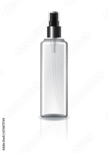 Clear square cosmetic bottle with spray head and black ring for beauty or healthy product. Isolated on white background with reflection shadow. Ready to use for package design. Vector illustration.