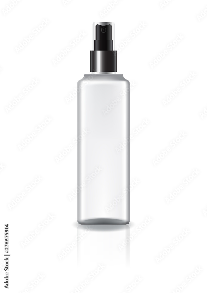 White square cosmetic bottle with spray head and black ring for beauty or healthy product. Isolated on white background with reflection shadow. Ready to use for package design. Vector illustration. White square cosmetic bottle with spray head and black ring for beauty or healthy product. Isolated on white background with reflection shadow. Ready to use for package design. Vector illustration.