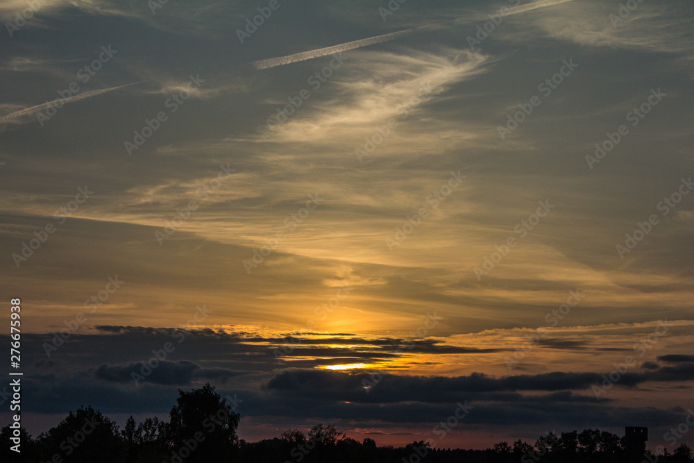 Fototapeta premium Sunset in the sky. Trees summer spring. Water.