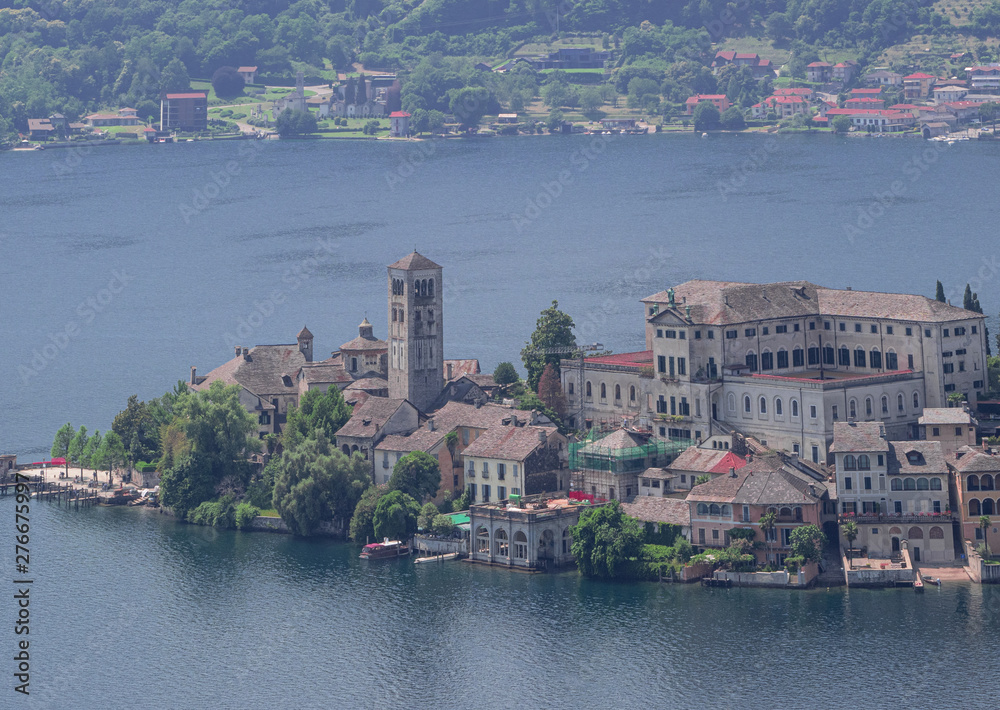 aerial landscape of the island of San Giulio, Orta Lake. Italy