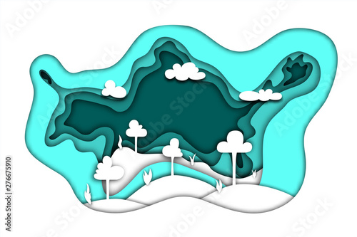 White forest landscape on a turquoise (blue) gradient background with a layered effect in the style of paper cutting. Trees, hills, bushes and clouds. 