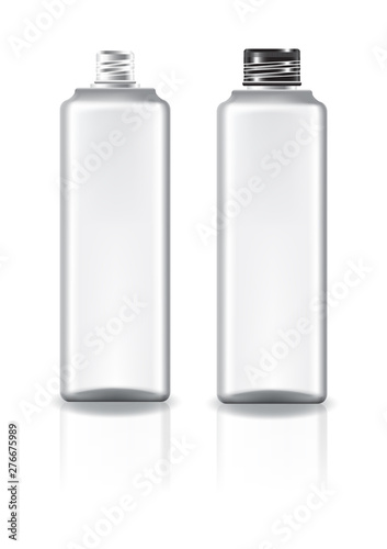 White square cosmetic bottle with black screw lid for beauty or healthy product. Isolated on white background with reflection shadow. Ready to use for package design. Vector illustration.