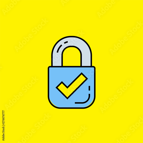 Secure lock line icon. Internet security symbol. Blue padlock with yellow tick mark sign isolated on yellow background. Vector illustration.