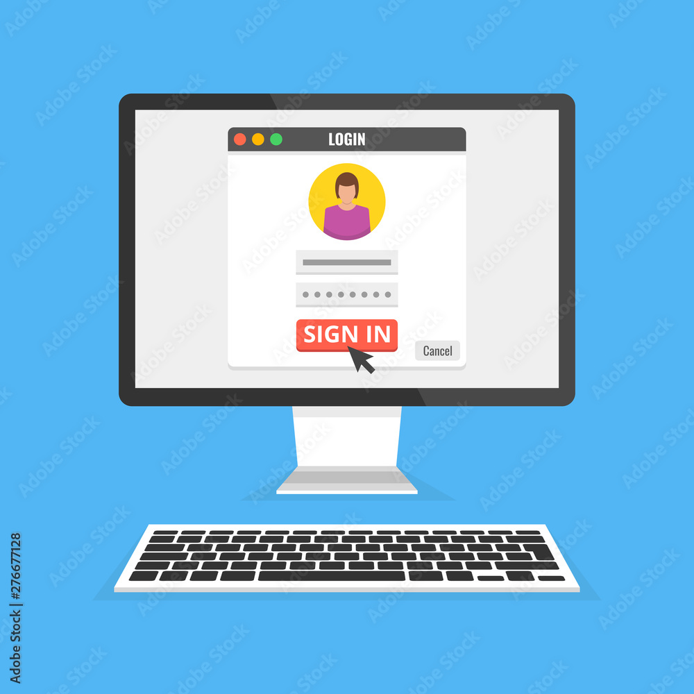 Sign in page on computer display screen. Female avatar. Flat cartoon style. Vector illustration. Sign in page on computer display screen. Female avatar. Flat cartoon style. Vector illustration.