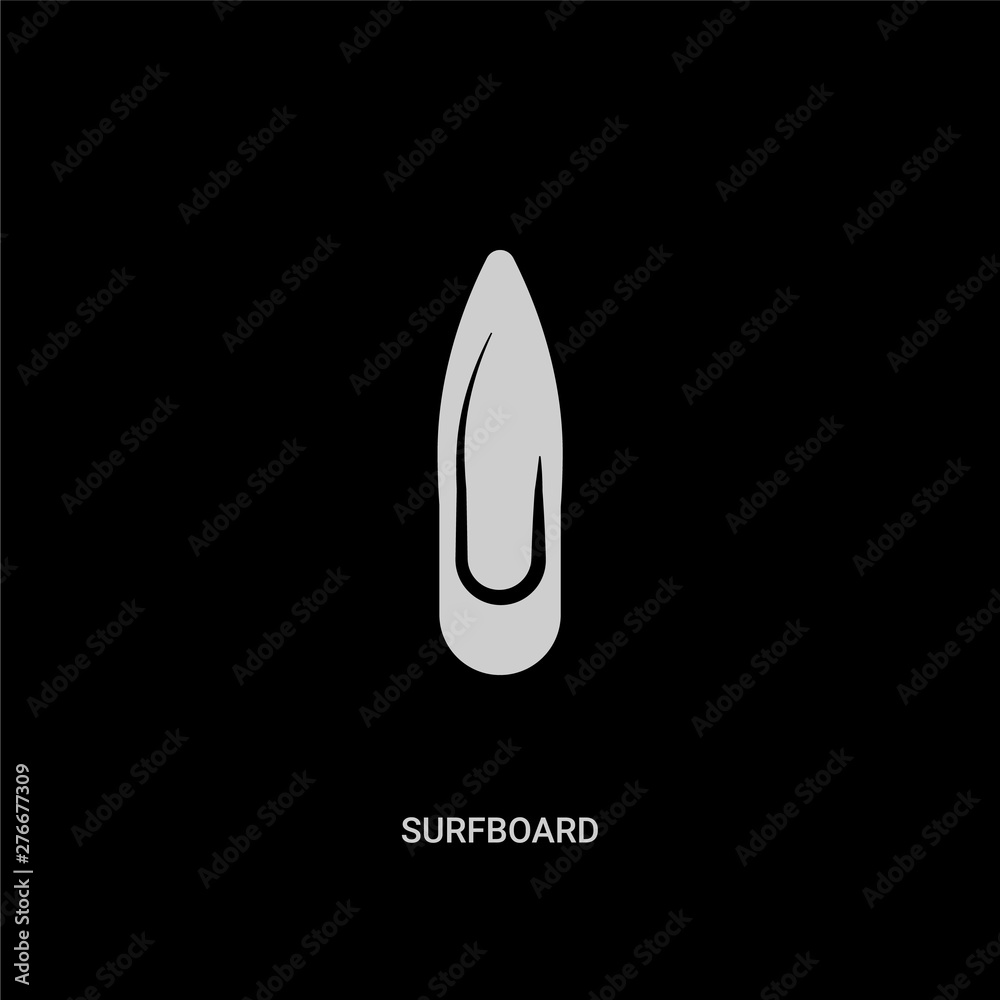 white surfboard vector icon on black background. modern flat surfboard from nautical concept vector sign symbol can be use for web, mobile and logo. white surfboard vector icon on black background. modern flat surfboard from nautical concept vector sign symbol can be use for web, mobile and logo.