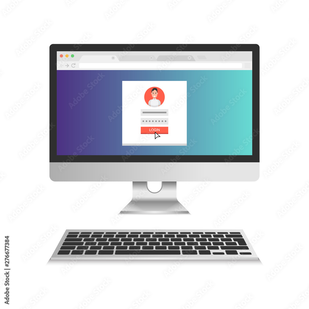 Sign in page on computer display screen. Male avatar. Vector illustration.