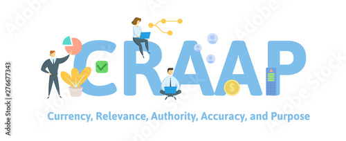 CRAAP, Currency, Relevance, Authority, Accuracy, and Purpose. Concept with people, keywords and icons. Flat vector illustration. Isolated on white background.