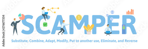 SCAMPER. Concept with people, keywords and icons. Flat vector illustration. Isolated on white background.