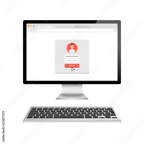 Sign in page on computer display screen. Male avatar. Vector illustration.