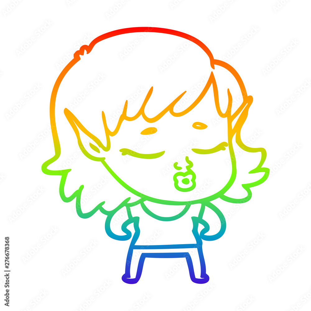 rainbow gradient line drawing pretty cartoon elf girl