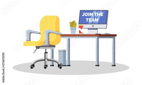 Workplace in office with desk, empty chair, computer, coffee, plant in pot. Company is looking for employee. Join the team, free vacancy concept. Vector flat illustration isolated on white background.
