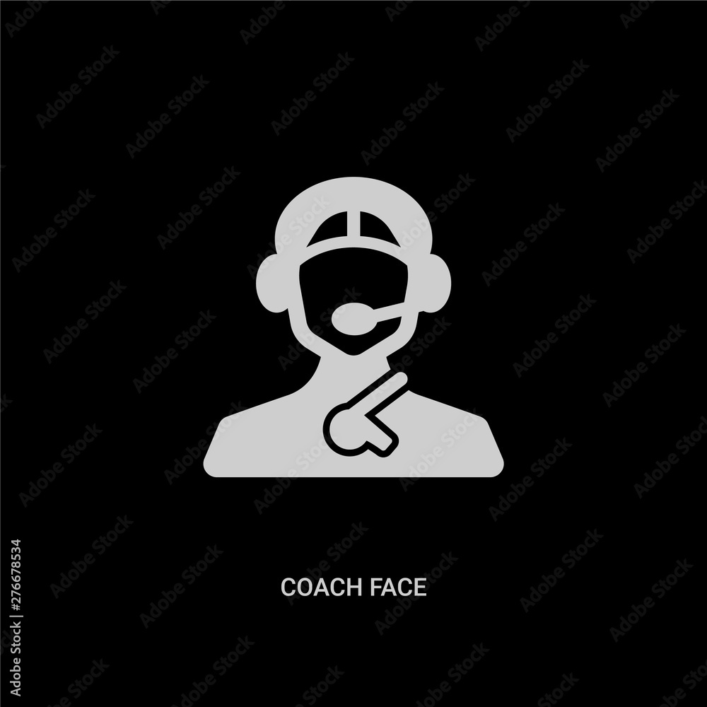 white coach face vector icon on black background. modern flat coach face from people concept vector sign symbol can be use for web, mobile and logo. white coach face vector icon on black background. modern flat coach face from people concept vector sign symbol can be use for web, mobile and logo.