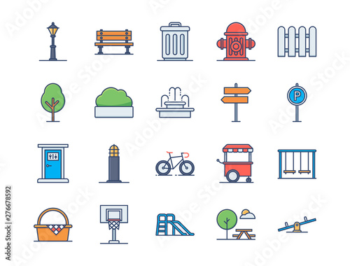city park icons. Set of city park element icon. Filled outline style icons