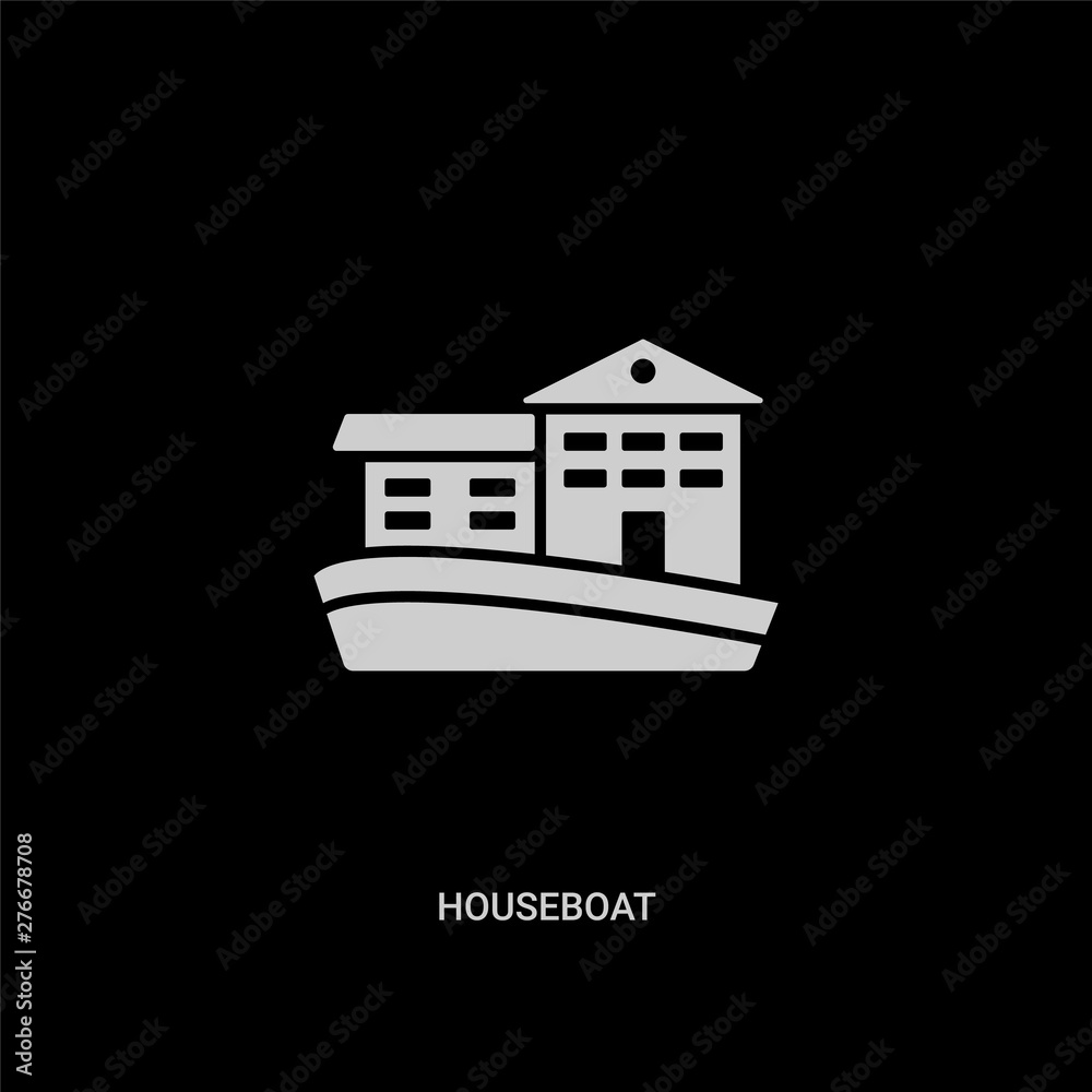 white houseboat vector icon on black background. modern flat houseboat from transportation concept vector sign symbol can be use for web, mobile and logo. white houseboat vector icon on black background. modern flat houseboat from transportation concept vector sign symbol can be use for web, mobile and logo.
