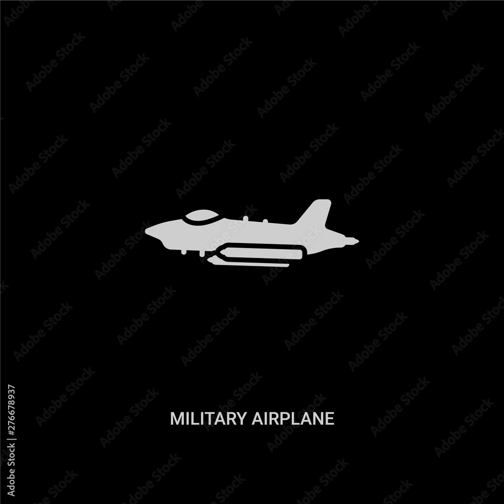 white military airplane vector icon on black background. modern flat military airplane from transportation concept vector sign symbol can be use for web, mobile and logo.