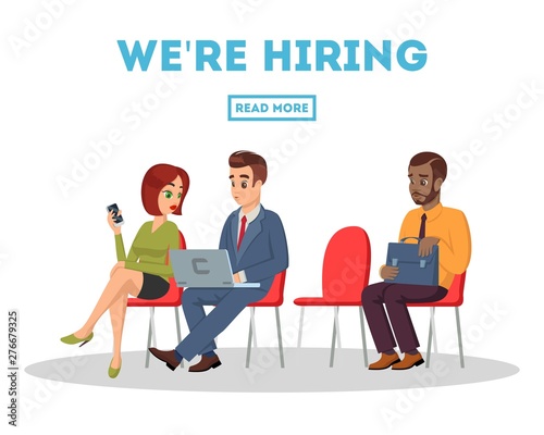 Multiracial men and women, graduated sit on chairs in queue before job interview and look to smartphone, laptop. We re hiring blue text. Free vacancy, getting employed vector concept isolated on white