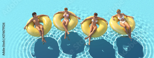 3D-Illustration of women swimming on float in a pool.