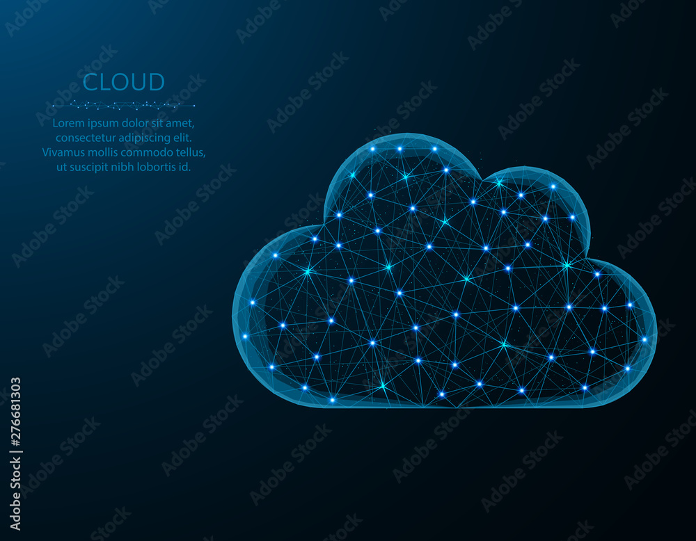 Cloud low poly design, weather in polygonal style, cloud server vector illustration on blue background - obrazy, fototapety, plakaty 