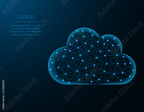 Cloud low poly design, weather in polygonal style, cloud server vector illustration on blue background