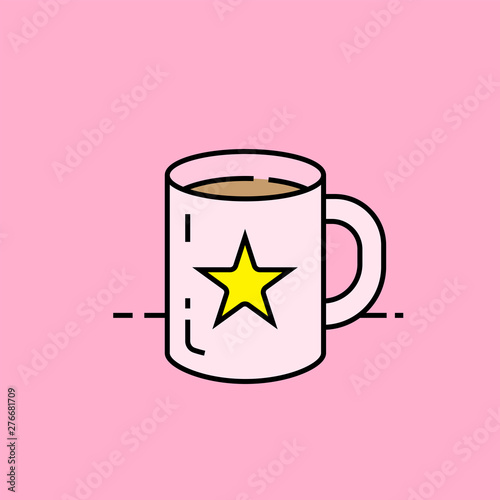 Coffee mug line icon. Favorite hot drink with yellow star symbol isolated on pink background. Vector illustration.