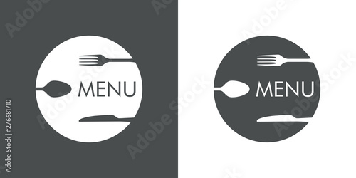 Logotipo abstracto con texto MENU con cubiertos en espacio negativo en círculo en gris y blanco
