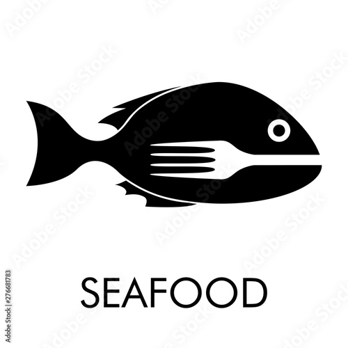 Logotipo con texto SEAFOOD con tenedor en espacio negativo en pez en color negro
