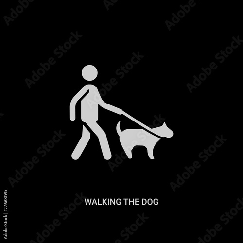 white walking the dog vector icon on black background. modern flat walking the dog from behavior concept vector sign symbol can be use for web, mobile and logo.