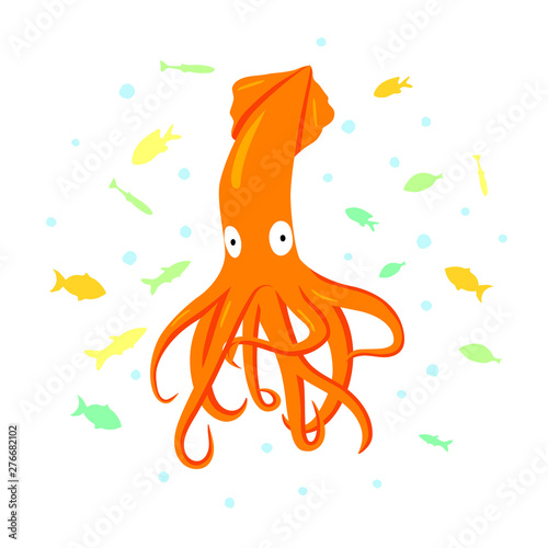 Orange squid animal flat character with spots and small fish on white background. Cartoon calamary for design, logo, background, card, print, sticker