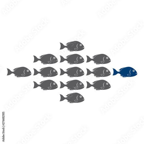Icono plano grupo grande de peces en gris y azul