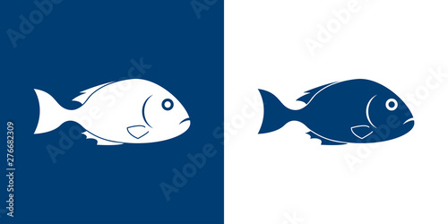 Icono plano pescado en azul y blanco