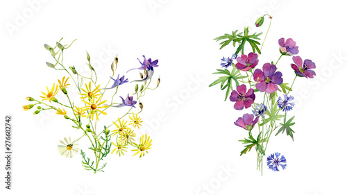 Two watercolor bouquet of wild flowers on a white background