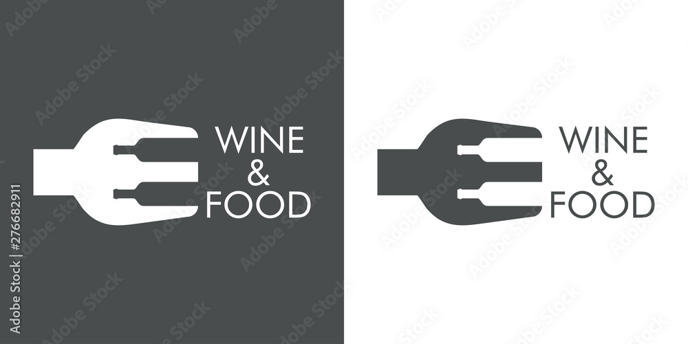 Logotipo abstracto con texto WINE & FOOD con tenedor y botellas en espacio negativo en gris y blanco