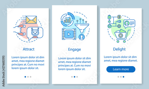 Inbound marketing method for customers onboarding mobile app page screen with linear concepts. Attract, engage walkthrough steps graphic instructions. UX, UI, GUI vector template with illustrations