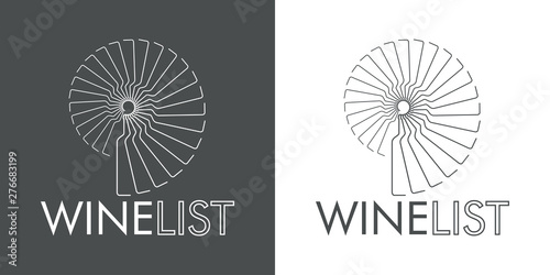 Logotipo abstracto con texto WINE LIST con botellas lineales en espiral en gris y blanco