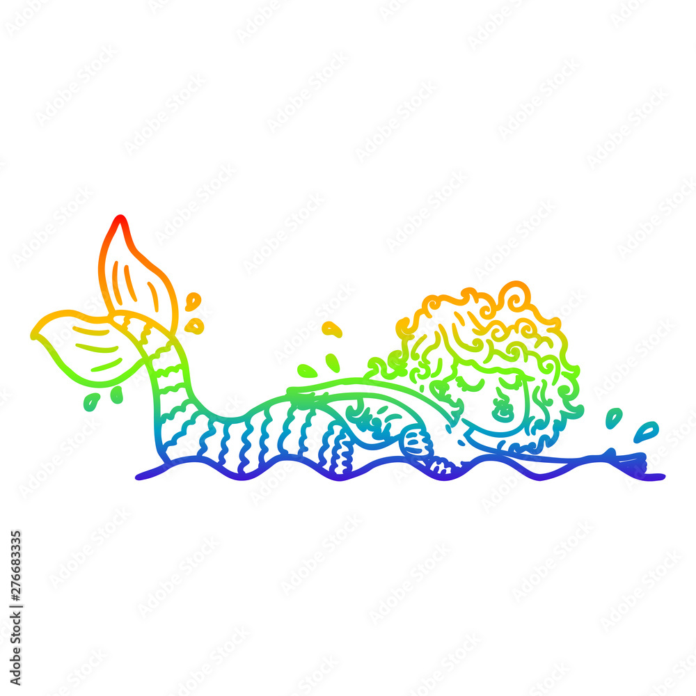 rainbow gradient line drawing cartoon mermaid