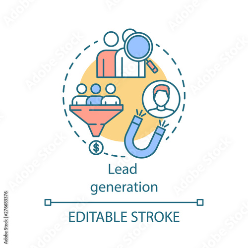 Lead generation concept icon. Digital marketing benefit idea thin line illustration. Advertising. List building. Attracting customers process. Vector isolated outline drawing. Editable stroke