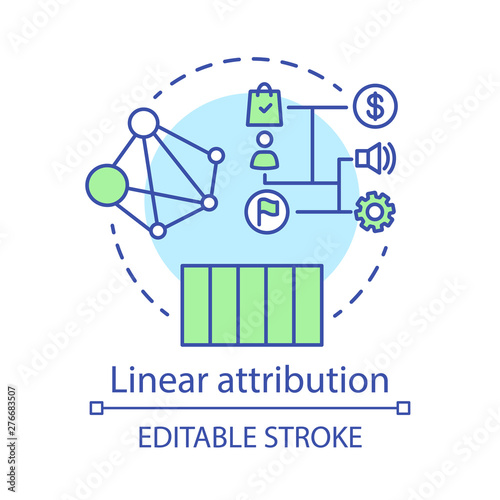 Linear attribution concept icon. Multi-touch attribution model idea thin line illustration. Attribution modeling type. Marketing campaigns analytics. Vector isolated outline drawing. Editable stroke