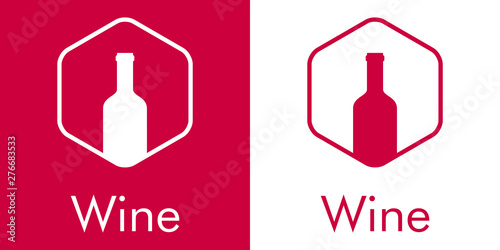 Logotipo abstracto con texto Wine con botella de vino en hexágono lineal en granate y blanco