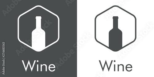 Logotipo abstracto con texto Wine con botella de vino en hexágono lineal en gris y blanco