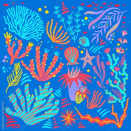 Vector set collection of colorful underwater ocean coral reef plants  corals and anemones.
