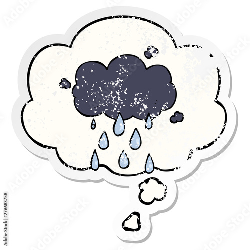cartoon cloud raining and thought bubble as a distressed worn sticker