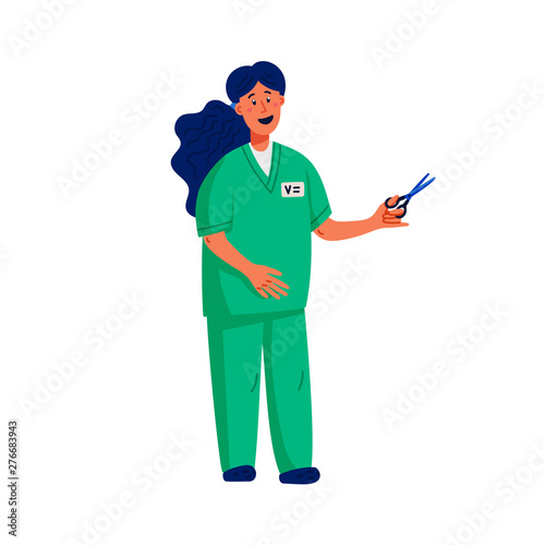 Pet grooming concept. Women - pet groomer with scissors on white background. Dog care, grooming, hygiene, health. Pet shop, accessories. Flat style vector illustration.