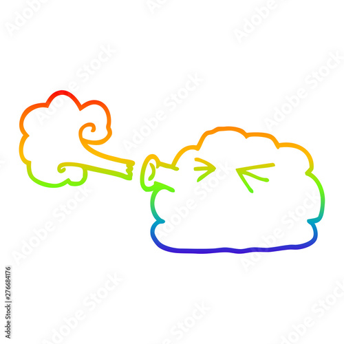 rainbow gradient line drawing cartoon cloud blowing a gale
