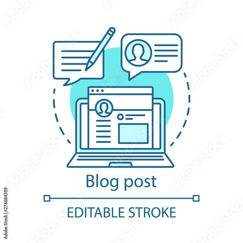 Blog post blue concept icon. Content optimization idea thin line illustration. Blogging, SMM. Copywriting, advertising texts writing. Vector isolated outline drawing. Editable stroke