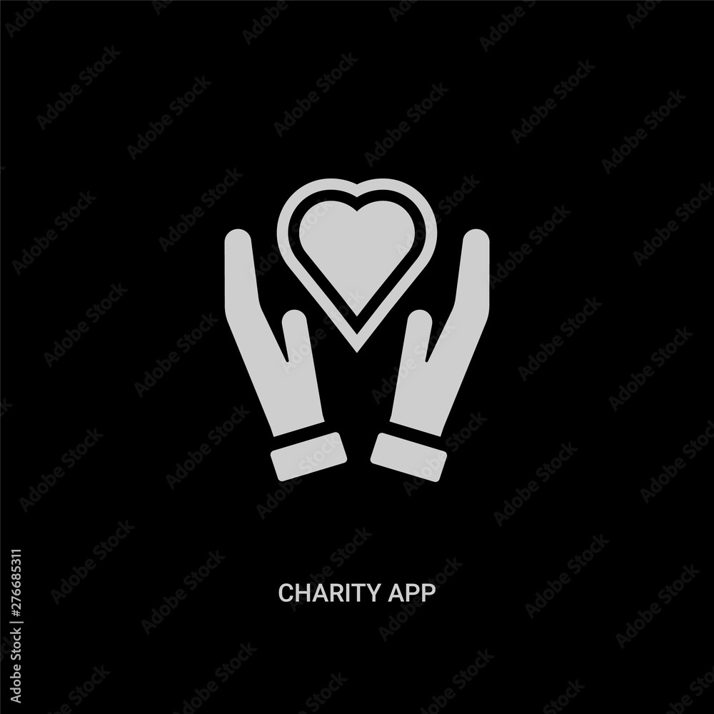 white charity app vector icon on black background. modern flat charity app from charity concept vector sign symbol can be use for web, mobile and logo. white charity app vector icon on black background. modern flat charity app from charity concept vector sign symbol can be use for web, mobile and logo.