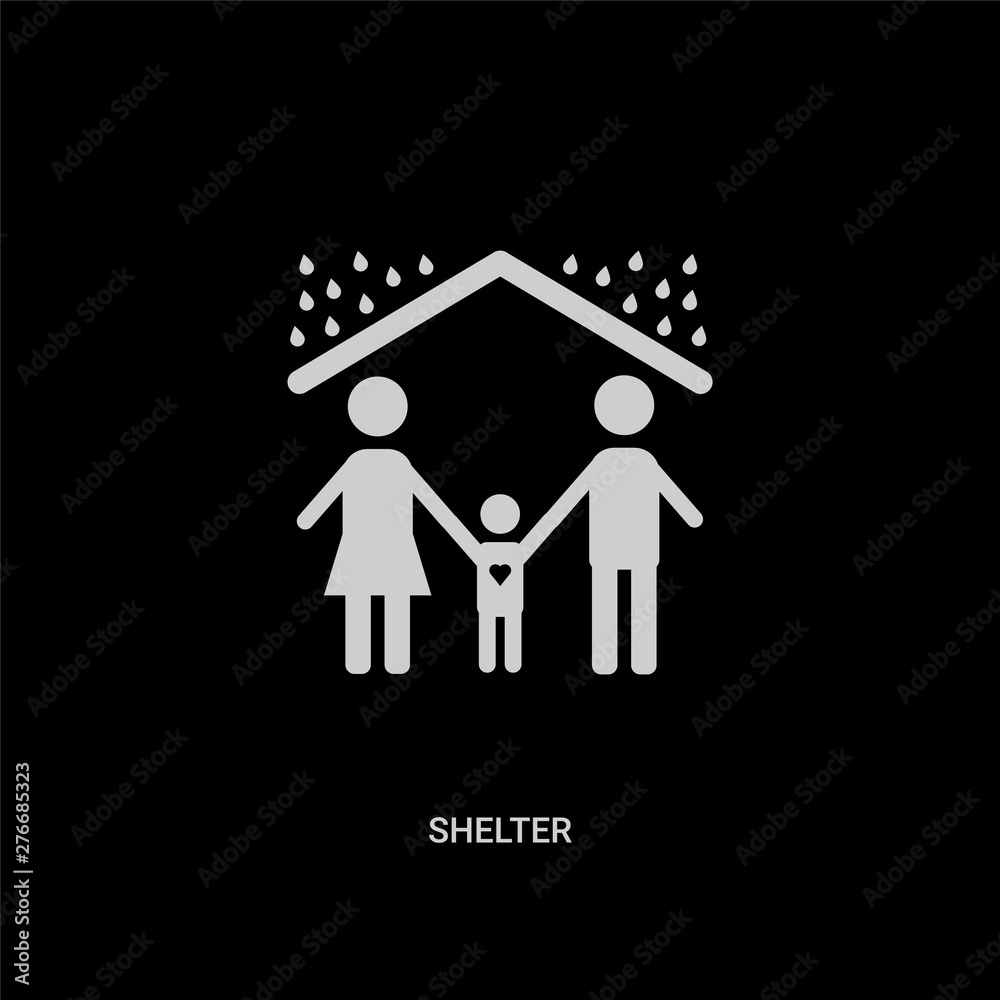 white shelter vector icon on black background. modern flat shelter from charity concept vector sign symbol can be use for web, mobile and logo. white shelter vector icon on black background. modern flat shelter from charity concept vector sign symbol can be use for web, mobile and logo.