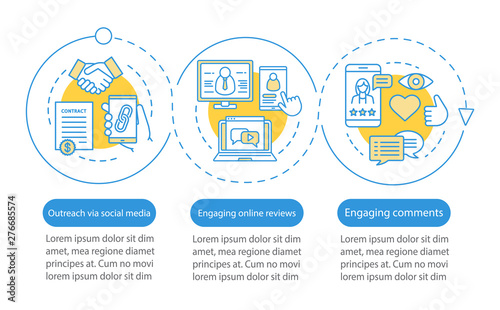 Online PR vector infographic template. Engagement. Business presentation design elements. Data visualization with three steps and options. Process timeline chart. Workflow layout with linear icons