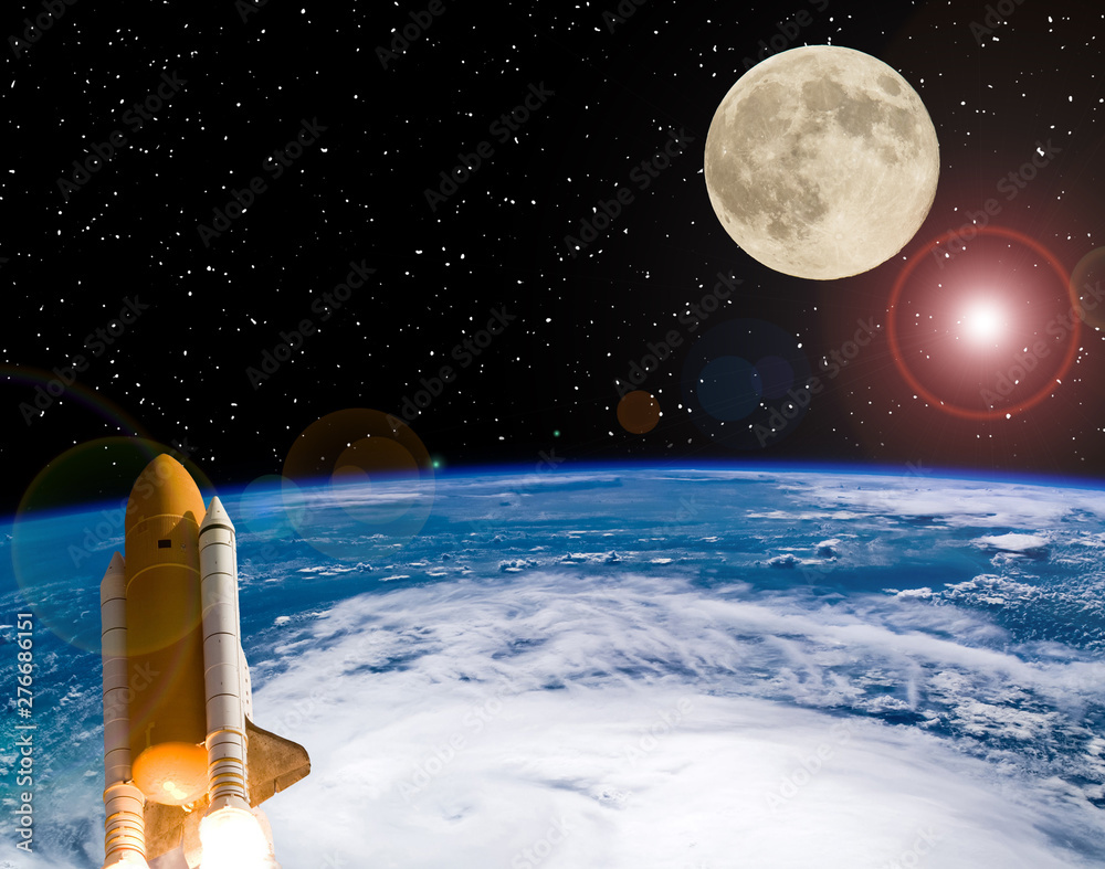 Naklejka premium Rocket and moon. Earth on the backdrop. The elements of this image furnished by NASA.