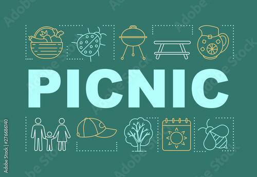 Picnic word concepts banner. Family activities with kids. Barbecue. Meal outdoors. Presentation, website. Lunch in nature. Isolated lettering typography idea with icons. Vector outline illustration